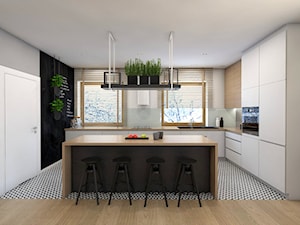 (Sochaczew) Projekt domu jednorodzinnego 8 - Duża otwarta biała czarna z zabudowaną lodówką z podblatowym zlewozmywakiem kuchnia w kształcie litery l z wyspą lub półwyspem, styl skandynawski - zdjęcie od BAGUA Pracownia Architektury Wnętrz
