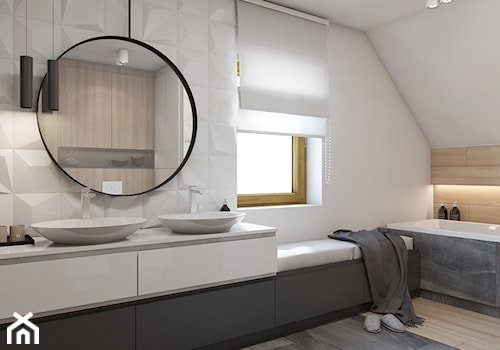 (Zawiercie) Projekt domu jednorodzinnego 12 - Duża na poddaszu z dwoma umywalkami z marmurową podłogą łazienka z oknem, styl nowoczesny - zdjęcie od BAGUA Pracownia Architektury Wnętrz