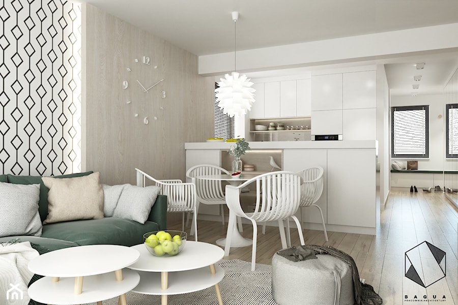 Projekt mieszkania 5 - Mały szary salon z kuchnią z jadalnią, styl nowoczesny - zdjęcie od BAGUA Pracownia Architektury Wnętrz