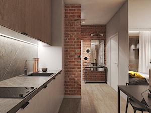 Mieszkanie 9 - Średnia otwarta z salonem z kamiennym blatem szara z zabudowaną lodówką z nablatowym zlewozmywakiem kuchnia jednorzędowa z kompozytem na ścianie nad blatem kuchennym, styl nowoczesny - zdjęcie od BAGUA Pracownia Architektury Wnętrz
