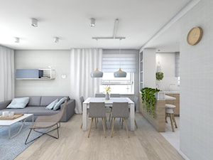 (Pruszków) Projekt mieszkania 3 - Średni beżowy szary salon z jadalnią, styl nowoczesny - zdjęcie od BAGUA Pracownia Architektury Wnętrz