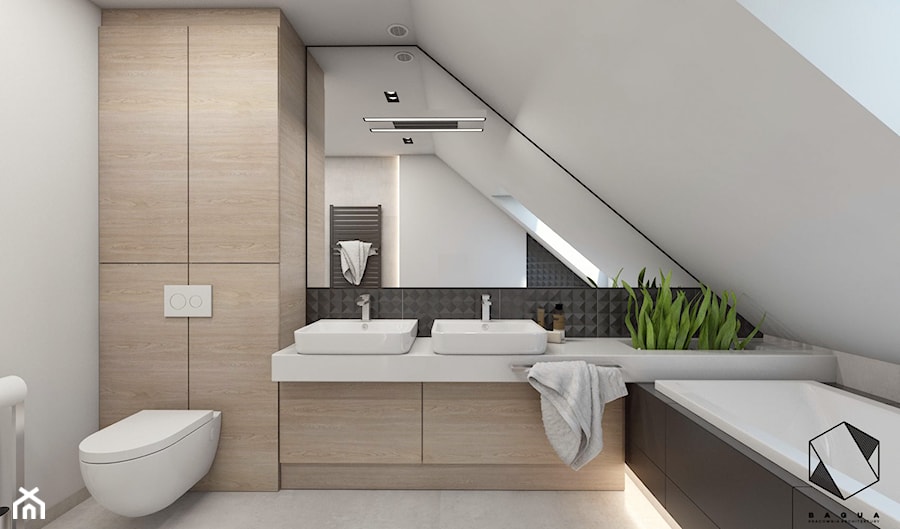 (Sochaczew) Projekt domu jednorodzinnego 8 - Średnia na poddaszu z dwoma umywalkami łazienka z oknem, styl nowoczesny - zdjęcie od BAGUA Pracownia Architektury Wnętrz