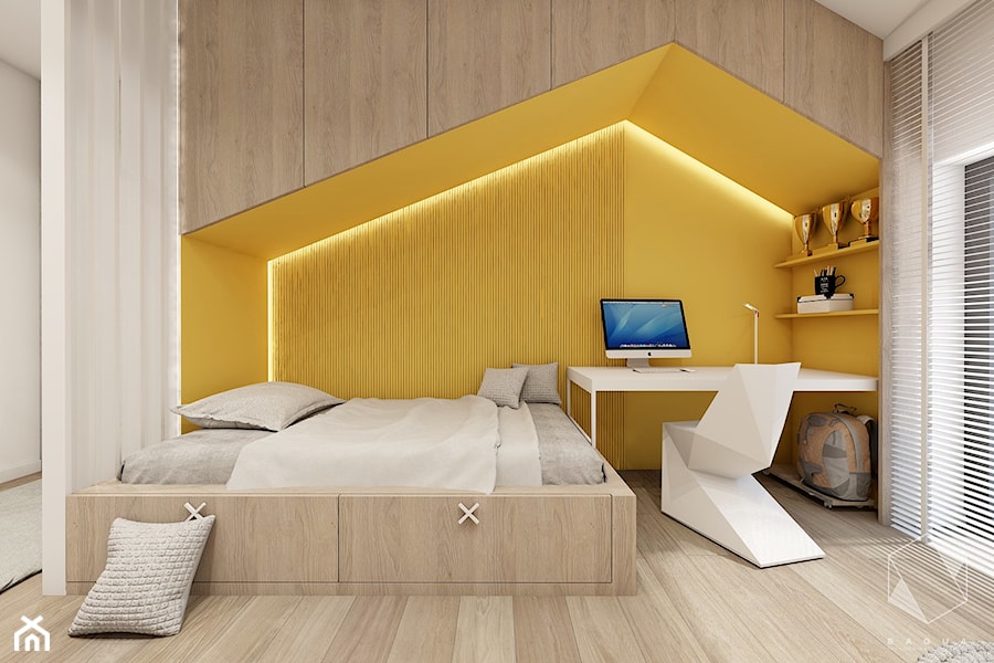 Rzeszów - D23 - Projekt domu jednorodzinnego 600 m2 - Średni szary żółty pokój dziecka dla nastolatka dla chłopca dla dziewczynki, styl nowoczesny - zdjęcie od BAGUA Pracownia Architektury Wnętrz