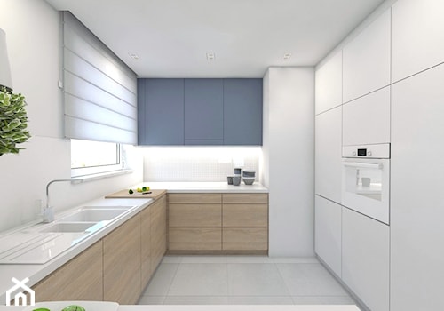 (Pruszków) Projekt mieszkania 3 - Duża otwarta zamknięta biała z zabudowaną lodówką z nablatowym zlewozmywakiem kuchnia w kształcie litery u w kształcie litery g, styl nowoczesny - zdjęcie od BAGUA Pracownia Architektury Wnętrz