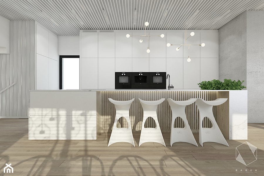 Rzeszów - D23 - Projekt domu jednorodzinnego 600 m2 - Duża otwarta z kamiennym blatem szara z zabudowaną lodówką kuchnia dwurzędowa z oknem, styl nowoczesny - zdjęcie od BAGUA Pracownia Architektury Wnętrz