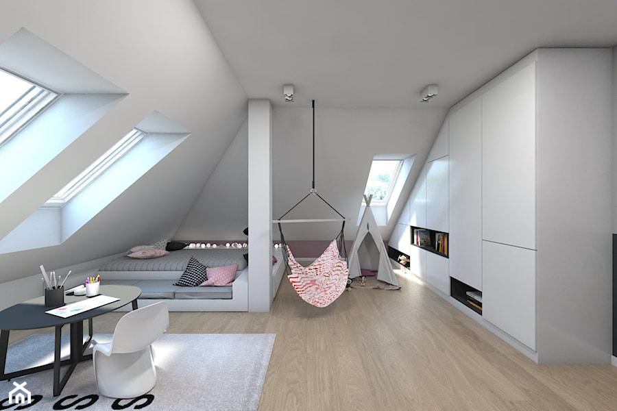 (Sochaczew) Projekt domu jednorodzinnego 8 - Duży biały pokój dziecka dla dziecka dla rodzeństwa, styl nowoczesny - zdjęcie od BAGUA Pracownia Architektury Wnętrz
