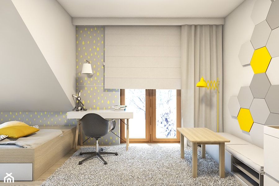 (Dom w okolicy Lublińca) Dom jednorodzinny 7 - Średni biały szary pokój dziecka dla dziecka dla chłopca, styl skandynawski - zdjęcie od BAGUA Pracownia Architektury Wnętrz