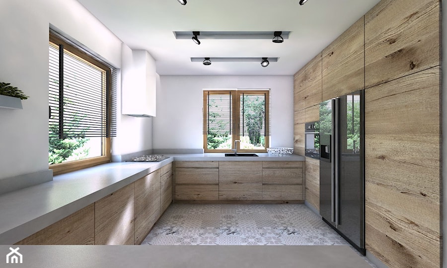 (Będzin) Projekt domu jednorodzinnego 4 - Średnia otwarta z salonem biała z zabudowaną lodówką z nablatowym zlewozmywakiem kuchnia w kształcie litery u, styl nowoczesny - zdjęcie od BAGUA Pracownia Architektury Wnętrz