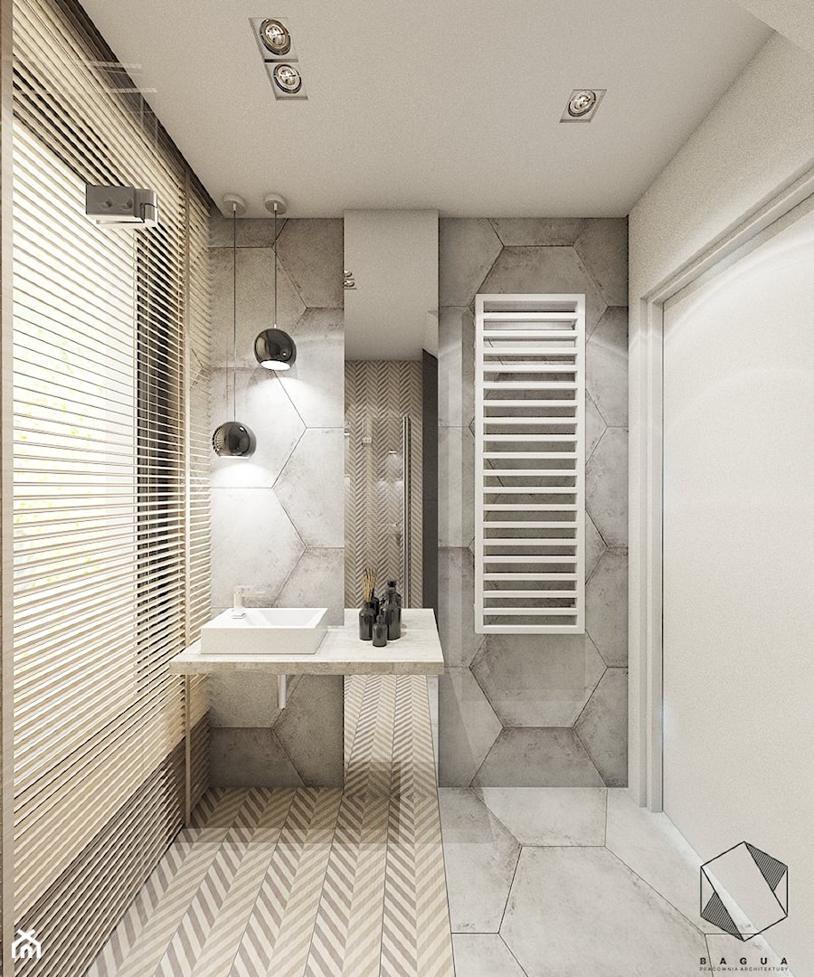 (Warszawa) Projekt domu jednorodzinnego 13 - Mała średnia z punktowym oświetleniem łazienka, styl nowoczesny - zdjęcie od BAGUA Pracownia Architektury Wnętrz