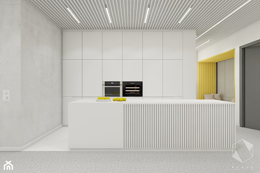 Rzeszów - D23 - Projekt domu jednorodzinnego 600 m2 - Średnia otwarta z kamiennym blatem biała szara z zabudowaną lodówką kuchnia dwurzędowa z wyspą lub półwyspem, styl nowoczesny - zdjęcie od BAGUA Pracownia Architektury Wnętrz