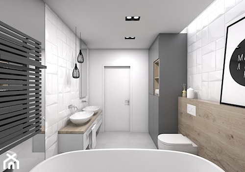 Projekt domu jednorodzinnego 3 - Duża bez okna z dwoma umywalkami z punktowym oświetleniem łazienka, styl skandynawski - zdjęcie od BAGUA Pracownia Architektury Wnętrz