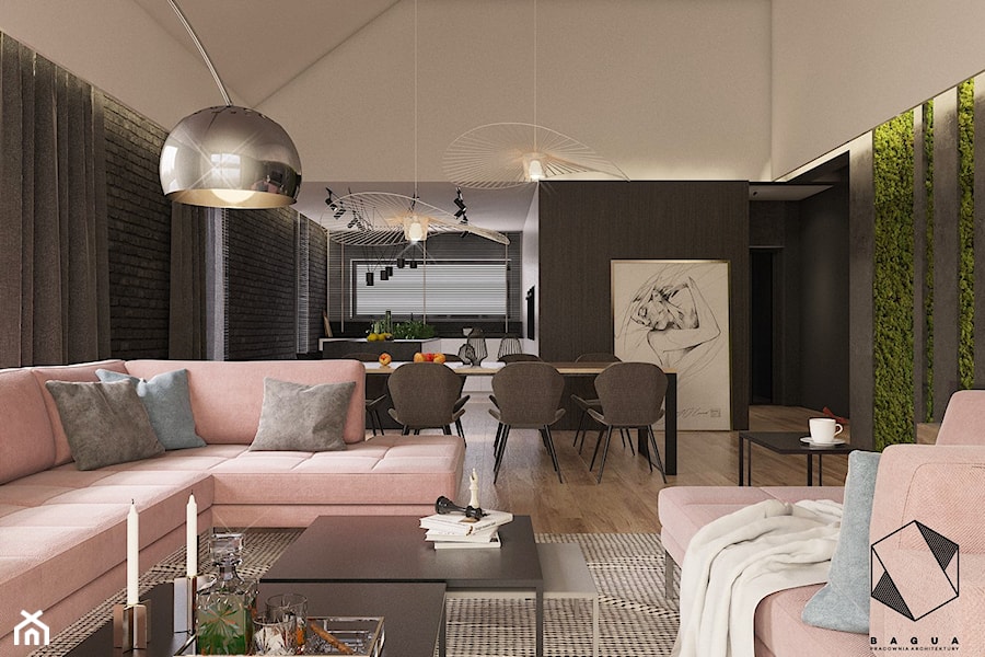 Projekt domu jednorodzinnego D18 - Gliwice - Duży salon z kuchnią z jadalnią, styl nowoczesny - zdjęcie od BAGUA Pracownia Architektury Wnętrz