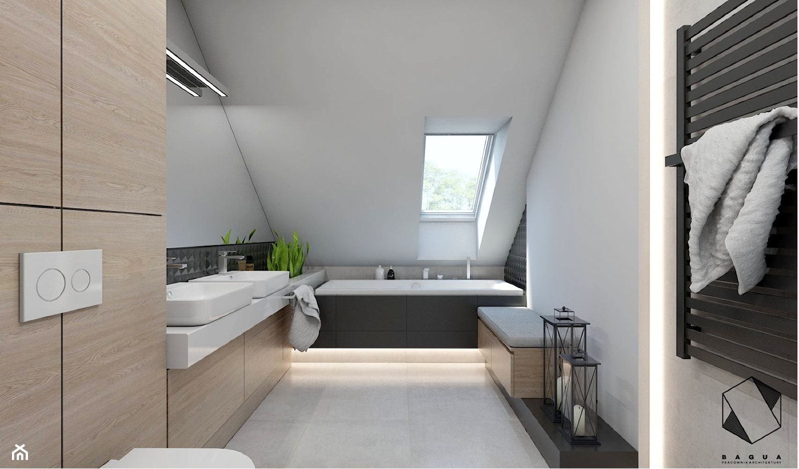 (Sochaczew) Projekt domu jednorodzinnego 8 - Duża na poddaszu z dwoma umywalkami łazienka z oknem, ... - zdjęcie od BAGUA Pracownia Architektury Wnętrz - Homebook