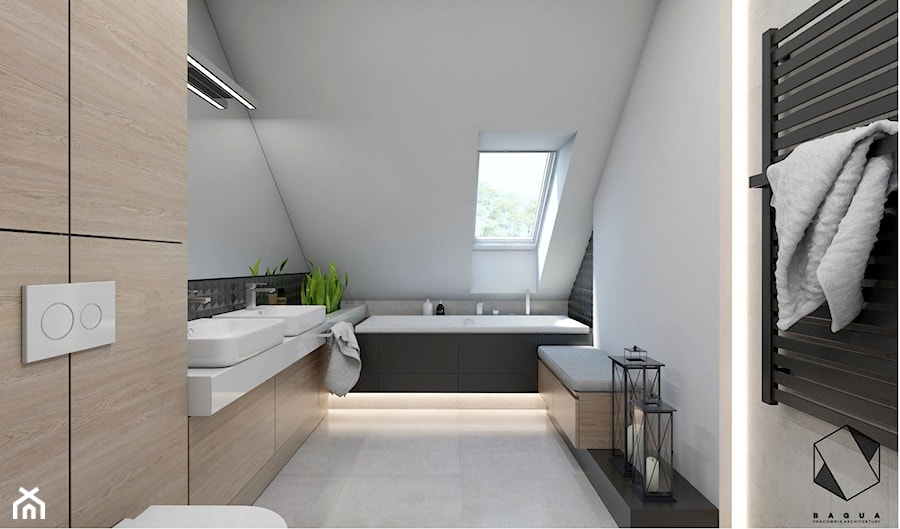 (Sochaczew) Projekt domu jednorodzinnego 8 - Duża na poddaszu z dwoma umywalkami łazienka z oknem, styl nowoczesny - zdjęcie od BAGUA Pracownia Architektury Wnętrz
