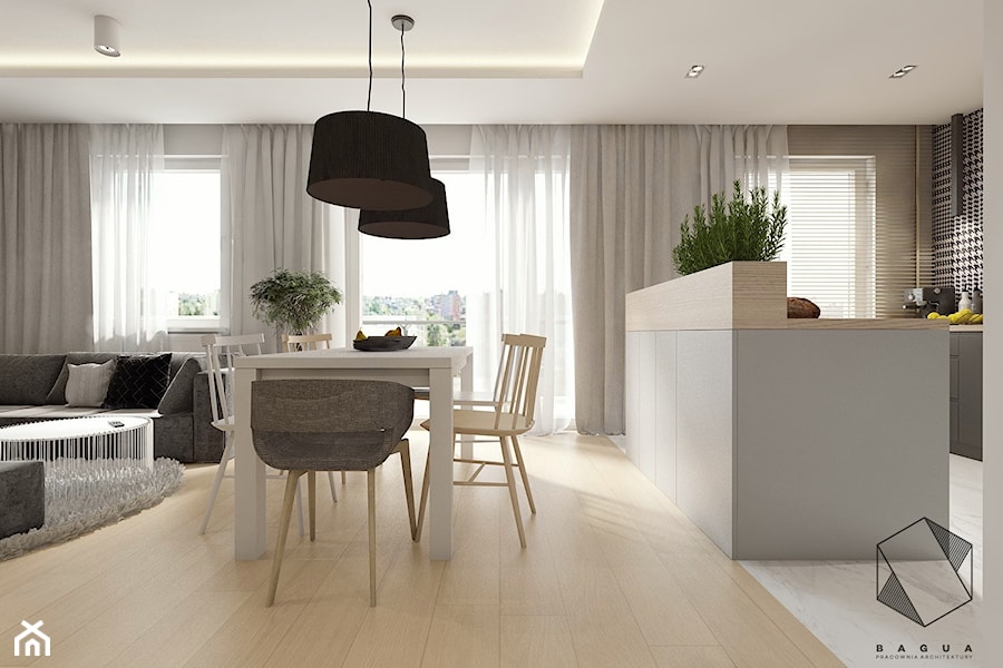 (Łódź) Projekt mieszkania 4 - Średnia biała jadalnia w salonie w kuchni, styl nowoczesny - zdjęcie od BAGUA Pracownia Architektury Wnętrz