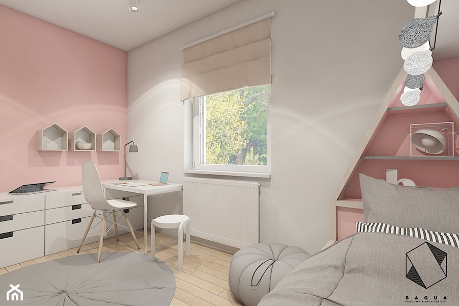 (Łódź) Projekt mieszkania 4 - Mały różowy szary pokój dziecka dla nastolatka dla chłopca dla dziewczynki, styl skandynawski - zdjęcie od BAGUA Pracownia Architektury Wnętrz