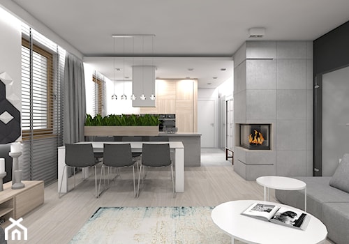 (Tarnowskie Góry) Projekt domu jednorodzinnego 1 - Średni biały szary salon z kuchnią z jadalnią, styl nowoczesny - zdjęcie od BAGUA Pracownia Architektury Wnętrz