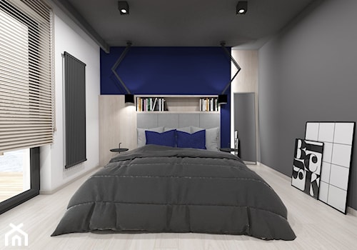 Projekt domu jednorodzinnego 3 - Średnia biała niebieska szara sypialnia z balkonem / tarasem, styl nowoczesny - zdjęcie od BAGUA Pracownia Architektury Wnętrz