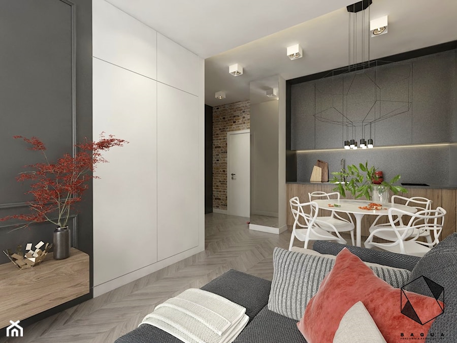 Mieszkanie 8 - Mały czarny salon z kuchnią z jadalnią, styl nowoczesny - zdjęcie od BAGUA Pracownia Architektury Wnętrz