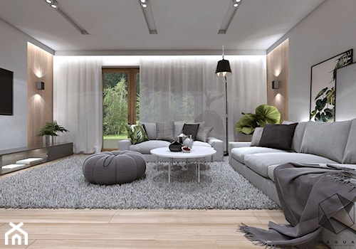 (Zawiercie) Projekt domu jednorodzinnego 12 - Duży biały szary salon, styl nowoczesny - zdjęcie od BAGUA Pracownia Architektury Wnętrz