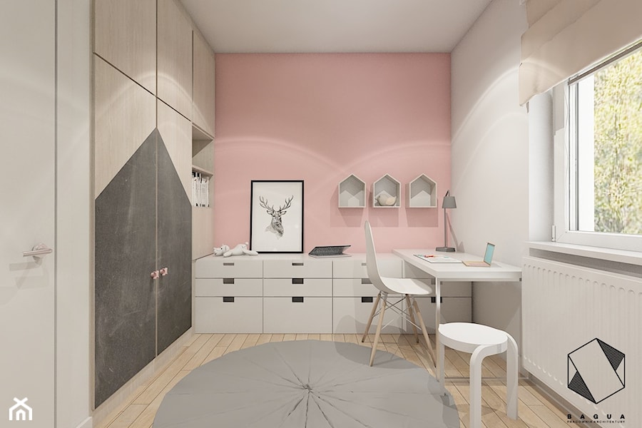 (Łódź) Projekt mieszkania 4 - Średni biały różowy pokój dziecka dla nastolatka dla dziewczynki, styl nowoczesny - zdjęcie od BAGUA Pracownia Architektury Wnętrz