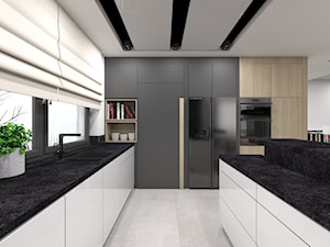 Projekt domu jednorodzinnego 3 - Duża otwarta z kamiennym blatem biała z zabudowaną lodówką z podblatowym zlewozmywakiem kuchnia w kształcie litery g, styl nowoczesny - zdjęcie od BAGUA Pracownia Architektury Wnętrz