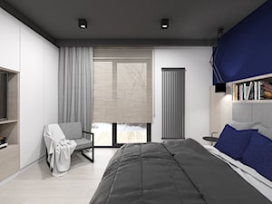 Projekt domu jednorodzinnego 3 - Średnia biała niebieska sypialnia z balkonem / tarasem, styl nowoczesny - zdjęcie od BAGUA Pracownia Architektury Wnętrz