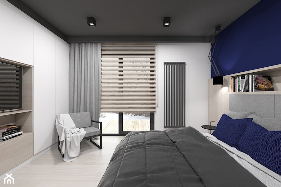 Projekt domu jednorodzinnego 3 - Średnia biała niebieska sypialnia z balkonem / tarasem, styl nowoczesny - zdjęcie od BAGUA Pracownia Architektury Wnętrz