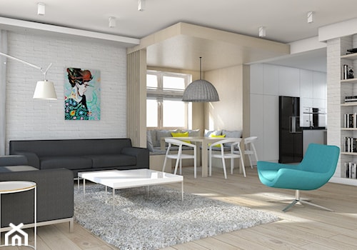Projekt domu jednorodzinnego 6 - Średni biały salon z kuchnią z jadalnią, styl skandynawski - zdjęcie od BAGUA Pracownia Architektury Wnętrz