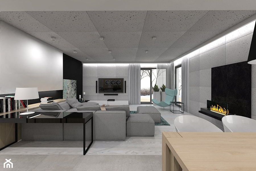 Projekt domu jednorodzinnego 3 - Duży biały czarny salon z jadalnią, styl nowoczesny - zdjęcie od BAGUA Pracownia Architektury Wnętrz