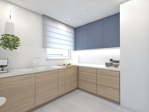 (Pruszków) Projekt mieszkania 3 - Średnia otwarta biała z podblatowym zlewozmywakiem kuchnia w kszt ... - zdjęcie od BAGUA Pracownia Architektury Wnętrz