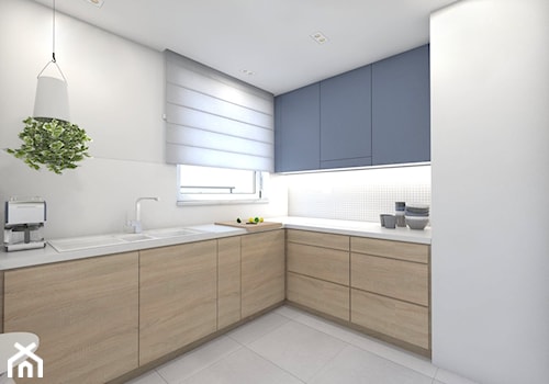 (Pruszków) Projekt mieszkania 3 - Średnia otwarta biała z podblatowym zlewozmywakiem kuchnia w kształcie litery l, styl nowoczesny - zdjęcie od BAGUA Pracownia Architektury Wnętrz