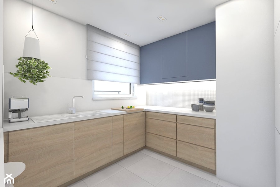 (Pruszków) Projekt mieszkania 3 - Średnia otwarta biała z podblatowym zlewozmywakiem kuchnia w kształcie litery l, styl nowoczesny - zdjęcie od BAGUA Pracownia Architektury Wnętrz