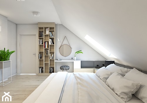 (Dom w okolicy Lublińca) Dom jednorodzinny 7 - Duża biała szara sypialnia na poddaszu, styl nowoczesny - zdjęcie od BAGUA Pracownia Architektury Wnętrz