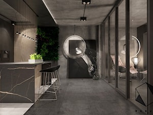 Projekt mieszkania 7 - Średnia otwarta z kamiennym blatem czarna z zabudowaną lodówką kuchnia w kształcie litery l z wyspą lub półwyspem, styl nowoczesny - zdjęcie od BAGUA Pracownia Architektury Wnętrz