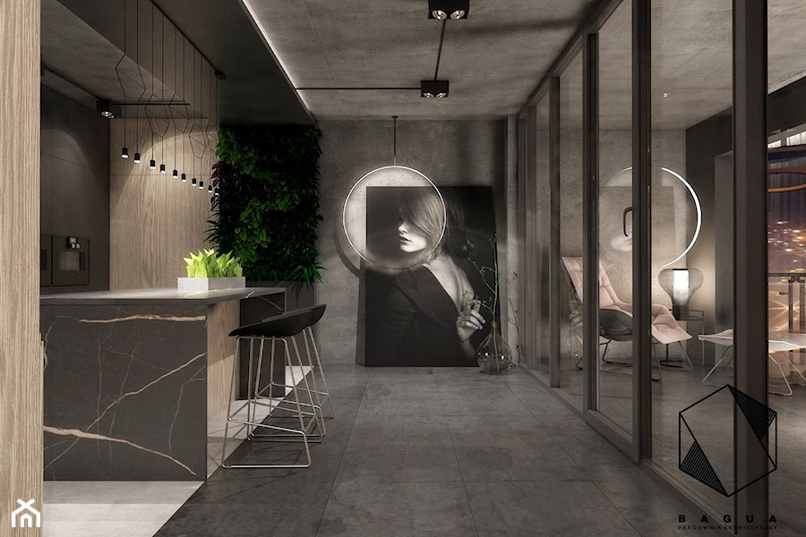 Projekt mieszkania 7 - Średnia otwarta z kamiennym blatem czarna z zabudowaną lodówką kuchnia w kształcie litery l z wyspą lub półwyspem, styl nowoczesny - zdjęcie od BAGUA Pracownia Architektury Wnętrz