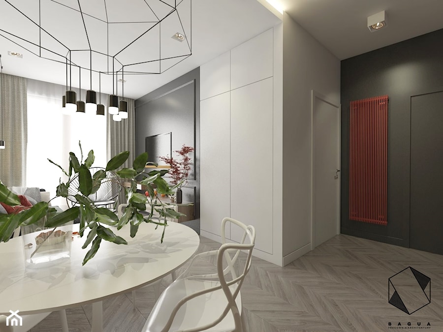 Mieszkanie 8 - Mały biały szary salon z jadalnią, styl nowoczesny - zdjęcie od BAGUA Pracownia Architektury Wnętrz