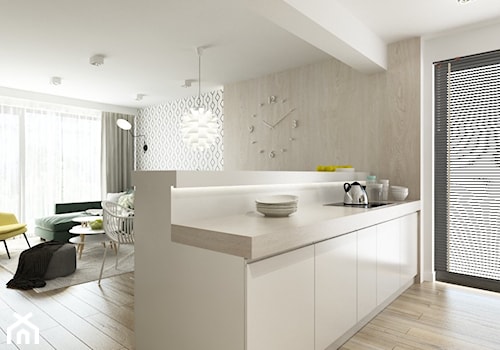 Projekt mieszkania 5 - Średnia otwarta z salonem biała kuchnia dwurzędowa z oknem, styl nowoczesny - zdjęcie od BAGUA Pracownia Architektury Wnętrz
