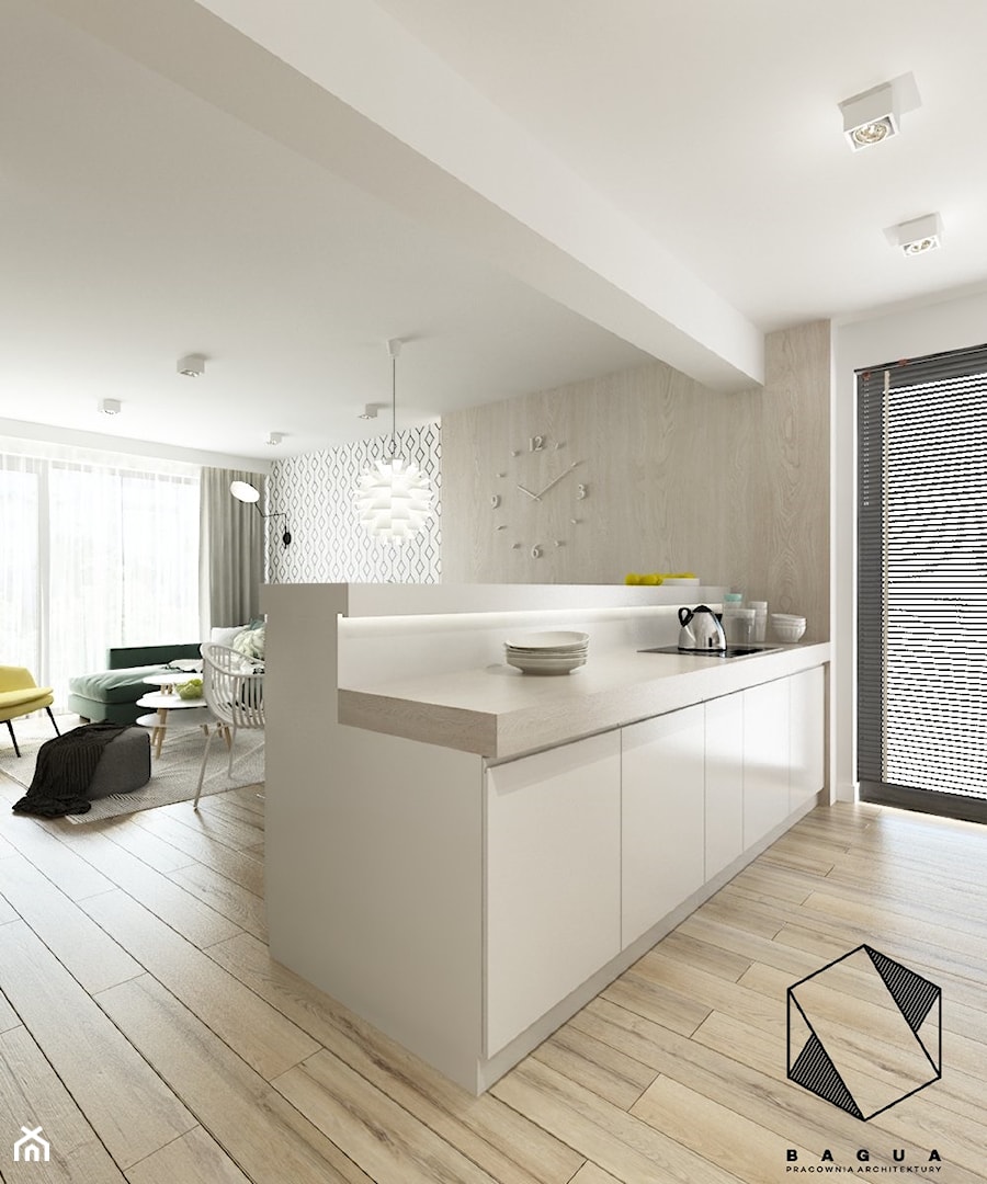 Projekt mieszkania 5 - Średnia otwarta z salonem biała kuchnia dwurzędowa z oknem, styl nowoczesny - zdjęcie od BAGUA Pracownia Architektury Wnętrz