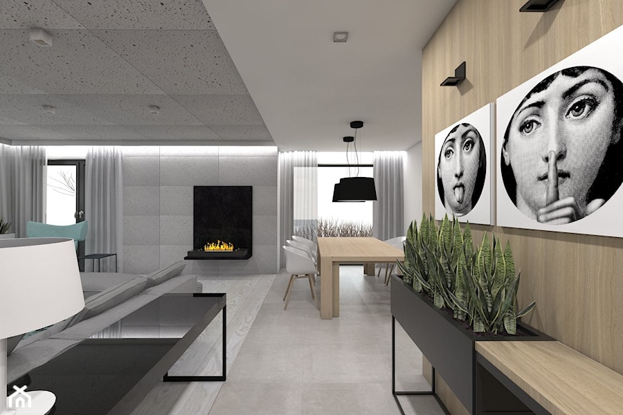 Projekt domu jednorodzinnego 3 - Duży biały szary salon z jadalnią, styl nowoczesny - zdjęcie od BAGUA Pracownia Architektury Wnętrz