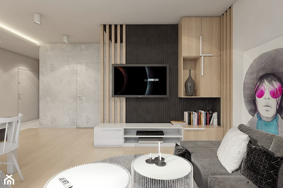 (Łódź) Projekt mieszkania 4 - Średni biały szary salon z jadalnią, styl nowoczesny - zdjęcie od BAGUA Pracownia Architektury Wnętrz