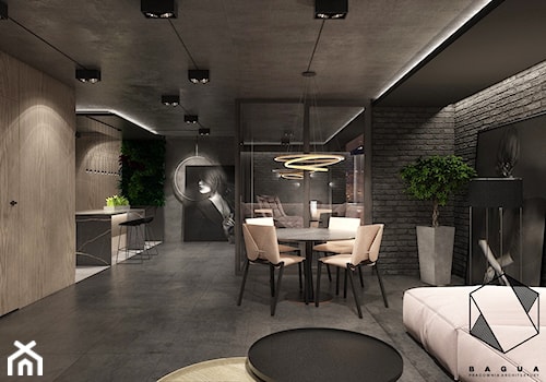 Projekt mieszkania 7 - Duży czarny salon z kuchnią z jadalnią, styl nowoczesny - zdjęcie od BAGUA Pracownia Architektury Wnętrz