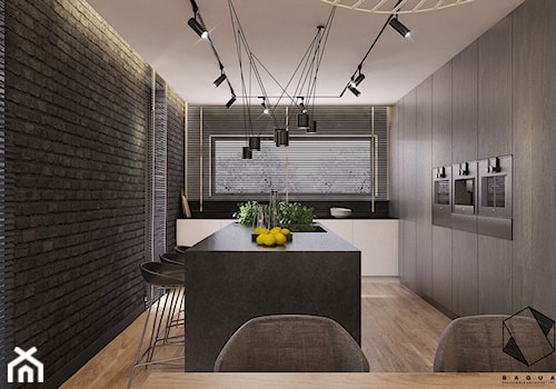 Projekt domu jednorodzinnego D18 - Gliwice - Duża zamknięta z kamiennym blatem czarna z zabudowaną lodówką kuchnia w kształcie litery l z wyspą lub półwyspem z oknem, styl nowoczesny - zdjęcie od BAGUA Pracownia Architektury Wnętrz