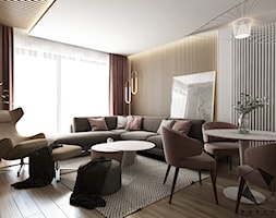 Projekt mieszkania 6 - Duży biały brązowy salon z jadalnią, styl nowoczesny - zdjęcie od BAGUA Pracownia Architektury Wnętrz - Homebook