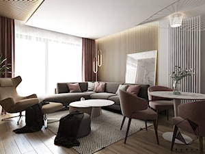 Projekt mieszkania 6 - Duży biały brązowy salon z jadalnią, styl nowoczesny - zdjęcie od BAGUA Pracownia Architektury Wnętrz