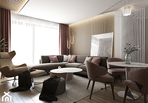 Projekt mieszkania 6 - Duży biały brązowy salon z jadalnią, styl nowoczesny - zdjęcie od BAGUA Pracownia Architektury Wnętrz
