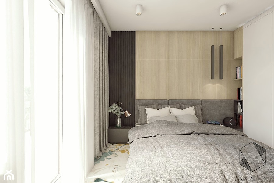 (Łódź) Projekt mieszkania 4 - Mała biała z panelami tapicerowanymi sypialnia z balkonem / tarasem, styl nowoczesny - zdjęcie od BAGUA Pracownia Architektury Wnętrz
