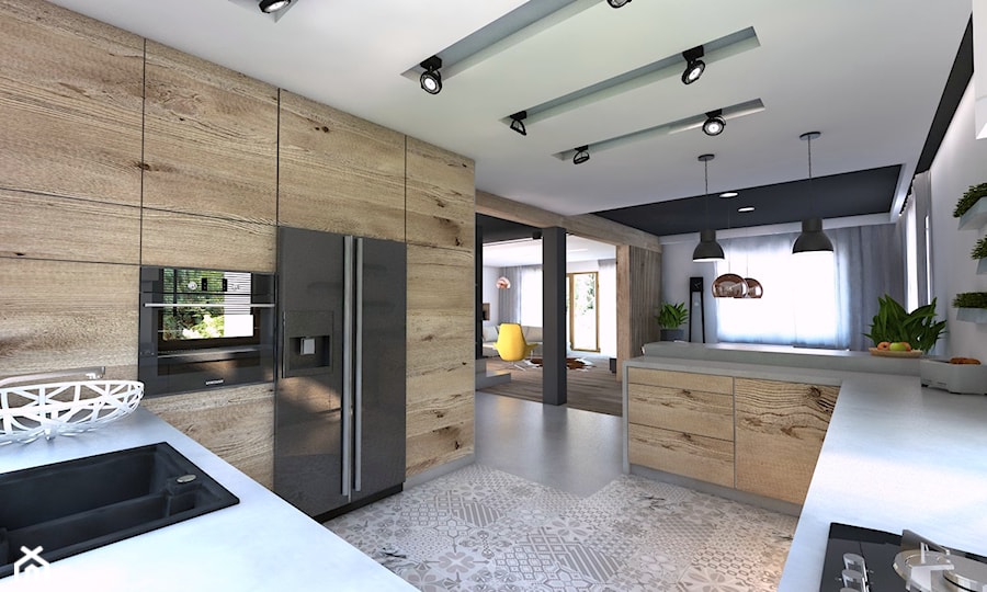 (Będzin) Projekt domu jednorodzinnego 4 - Duża otwarta z zabudowaną lodówką kuchnia w kształcie litery g, styl nowoczesny - zdjęcie od BAGUA Pracownia Architektury Wnętrz