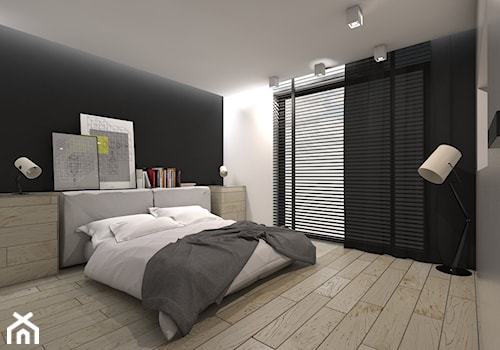 Projekt domu jednorodzinnego 5 - Średnia biała czarna sypialnia z balkonem / tarasem, styl nowoczesny - zdjęcie od BAGUA Pracownia Architektury Wnętrz