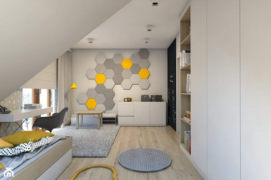 (Dom w okolicy Lublińca) Dom jednorodzinny 7 - Średni szary żółty z panelami tapicerowanymi pokój dziecka dla nastolatka dla chłopca dla dziewczynki, styl skandynawski - zdjęcie od BAGUA Pracownia Architektury Wnętrz